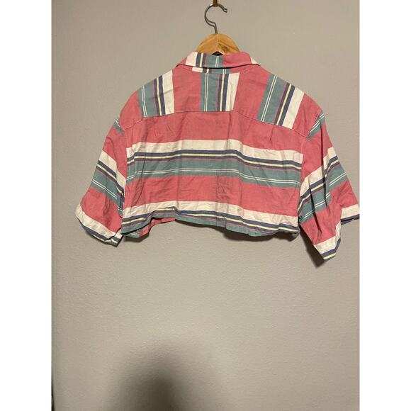 Vintage Womens Handmade Crop Top Medium Striped Button Up Boxy Lagenlook Granola - Picture 2 of 5